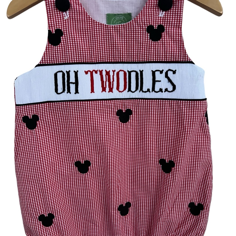 Hand Smocked “Oh Twodles” Boys Birthday Bubble Outfit | Mickey Mouse 2nd Birth